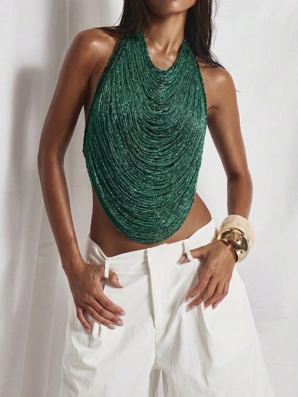 Dark Green Party Women's High Cowl Neck Draped Fringe Open Back Fitted Top - Picture 1 of 6